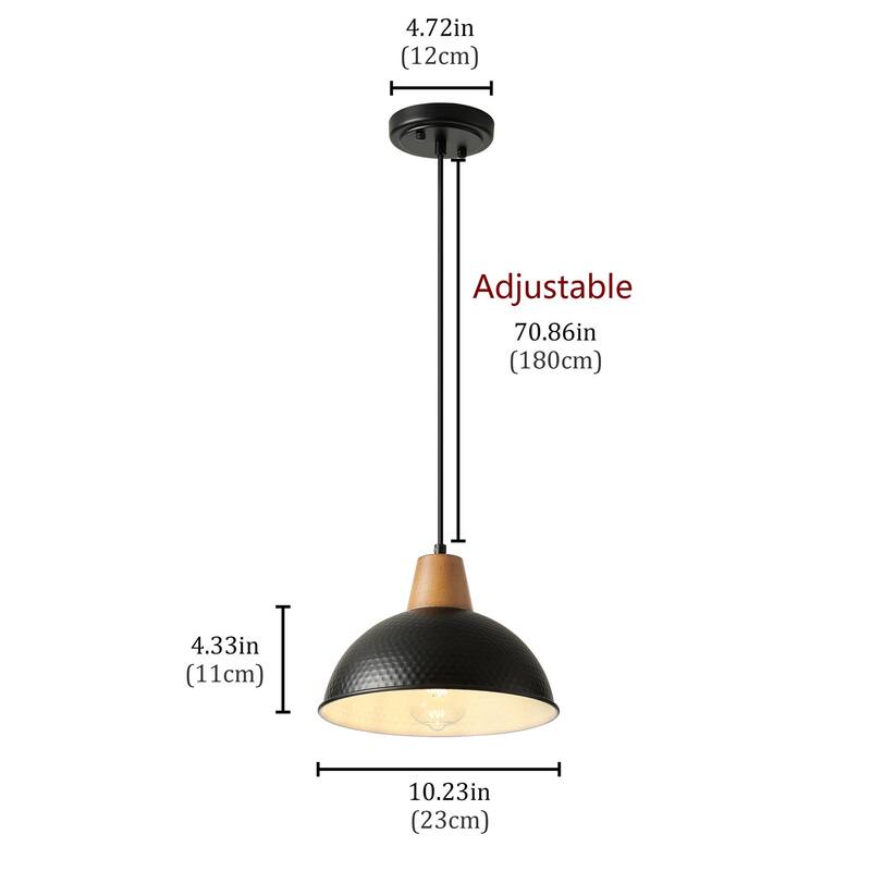 Industrial Farmhouse Pendant Light Fixture with Metal Shade and Faux Wood Grain Design