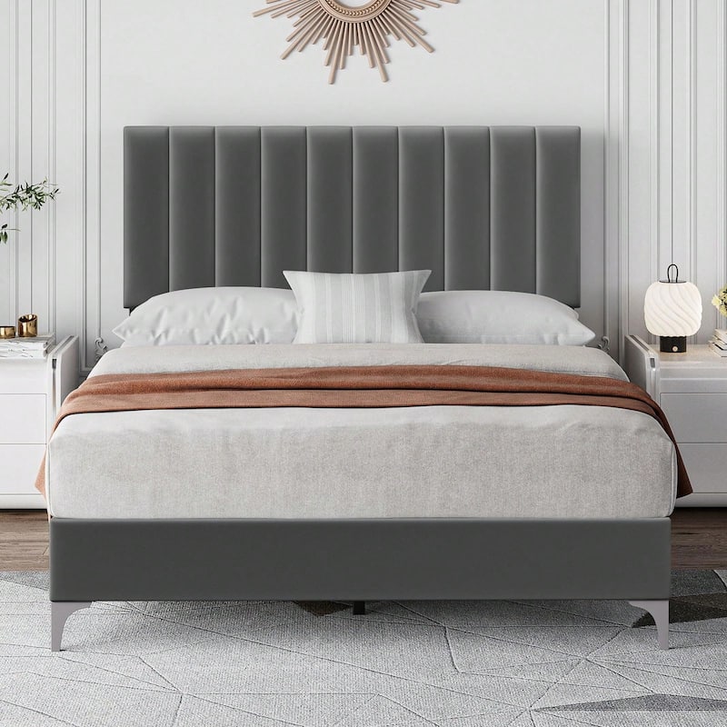 Bed Frame with Velvet Headboard Adjustable, Strong Wooden Slat Support