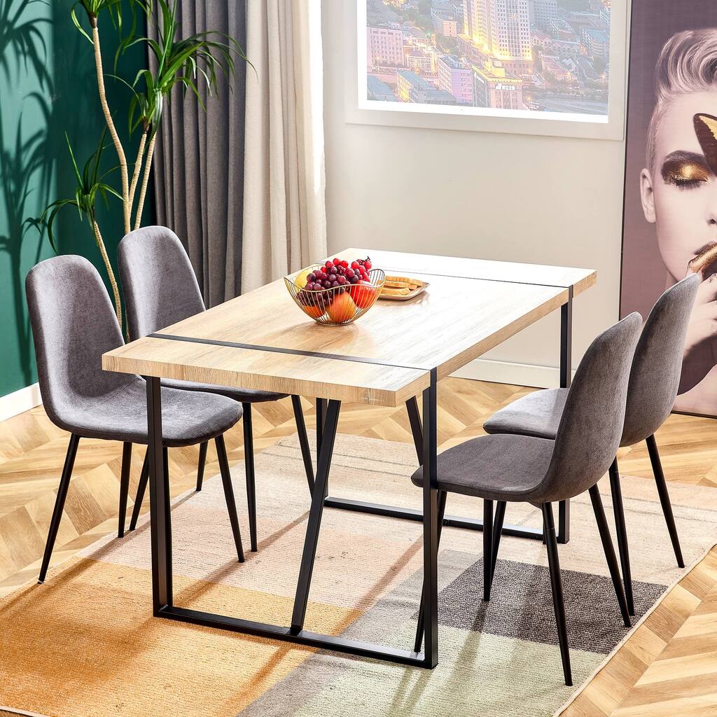 Modern Medieval Style Dining Table Set with 4 Upholstered Chairs, Industrial Metal Frame&Wood Top Dining Room Furniture