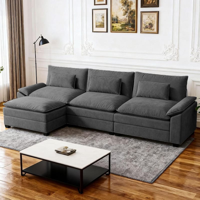 Kullavik Cloud Chenille L-Shaped Sofa, Modular Sectional Sofa with Ottoman, Throw Pillows and Double Layered Cushion - 4pcs-Grey