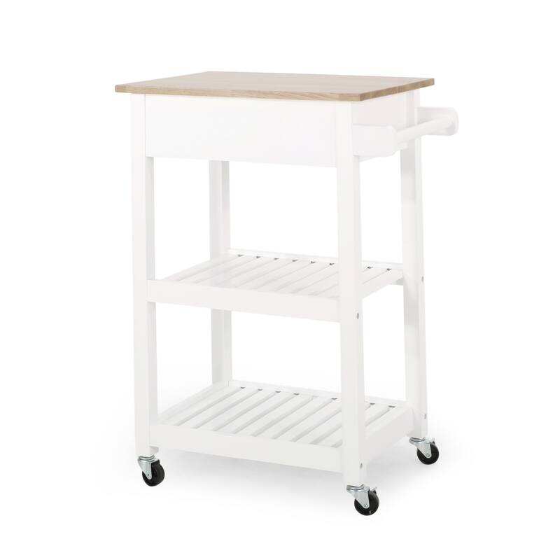 Contemporary Multifunctional Kitchen Cart with Rubberwood Top, Open Slat Shelving, Rolling Casters, Drawer and Towel Holder