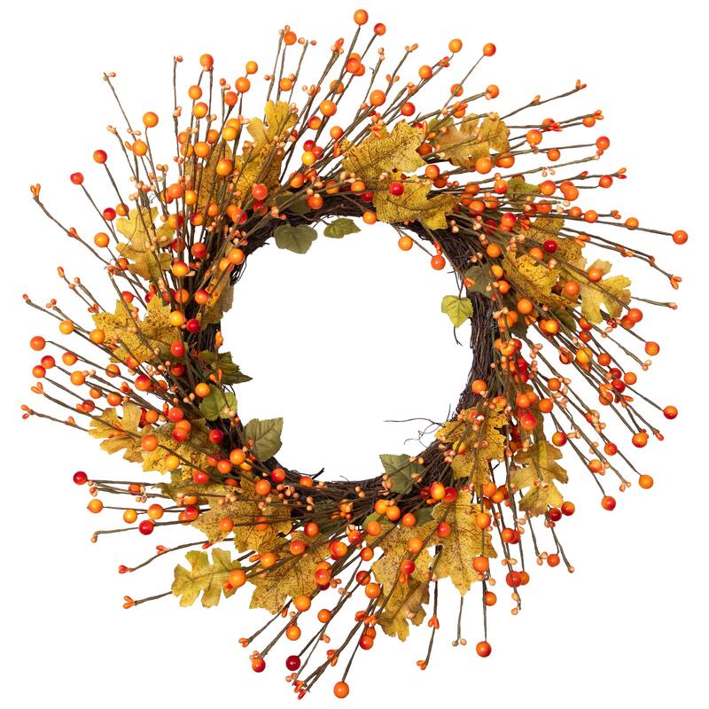 Berries and Maple Leaves Artificial Fall Harvest Twig Wreath - 22"