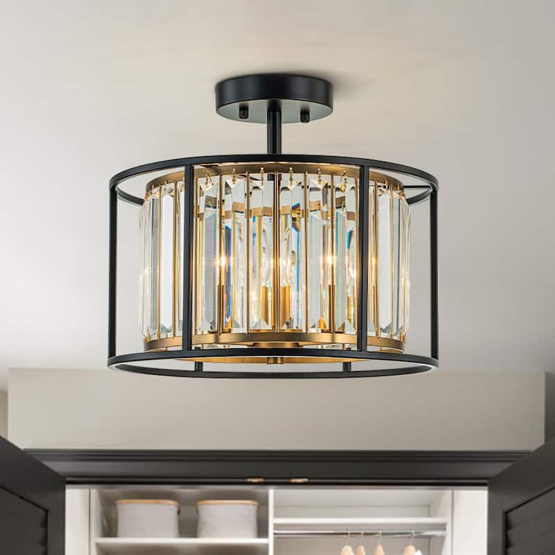 3-Light Crystal Black and Brass Drum Semi-flush Ceiling Light - 14.0in