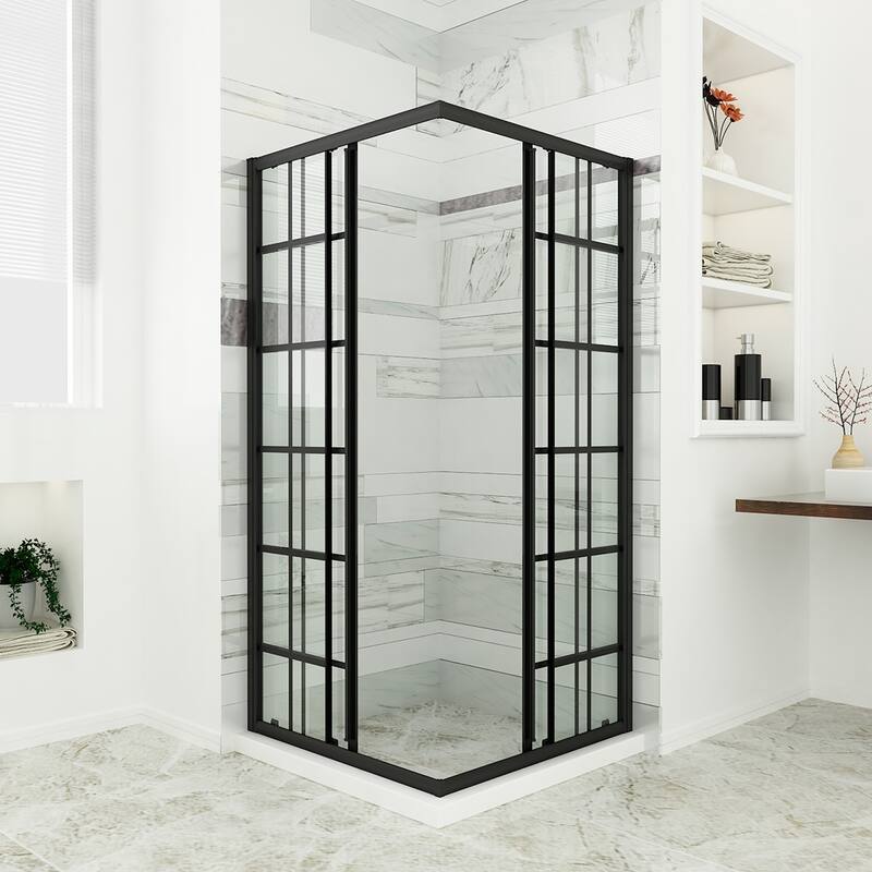 Elegant Black Check Corner Entry Enclosure with Sliding Shower Doors(Shower Base is Not Included) - 36 x 36 x 72