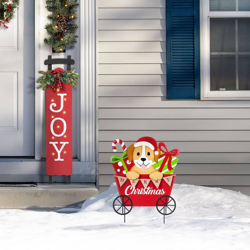 Glitzhome 24"H Metal Christmas Dog and Gift Cart Yard Stake Wall Decor - Multi