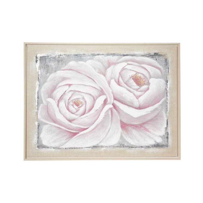 Large White & Pink Roses Acrylic Painting on Canvas in Wood Frame 39.5 x 29.5