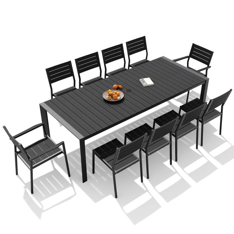 11-Piece Outdoor Patio Dining Set Wood Like Table Top Aluminum Rectangular Umbrella Hole Table with Stackable Chairs