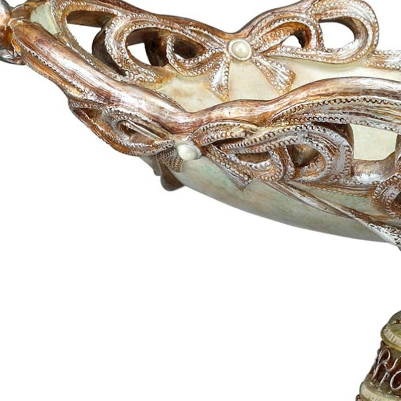 HomeRoots 9" Beige And Gold Polyresin Decorative Bowl - 11' X '9' X '20