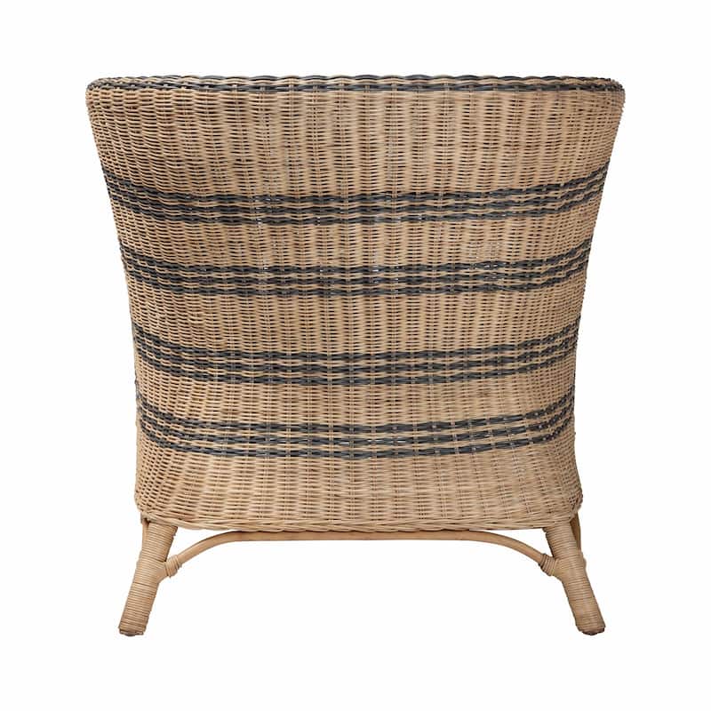 Elda Natural Rattan Accent Chair - Wicker Barrel-Back Chair with Two-Tone Woven Stripes and Cushion, Coastal Boho Style Seating