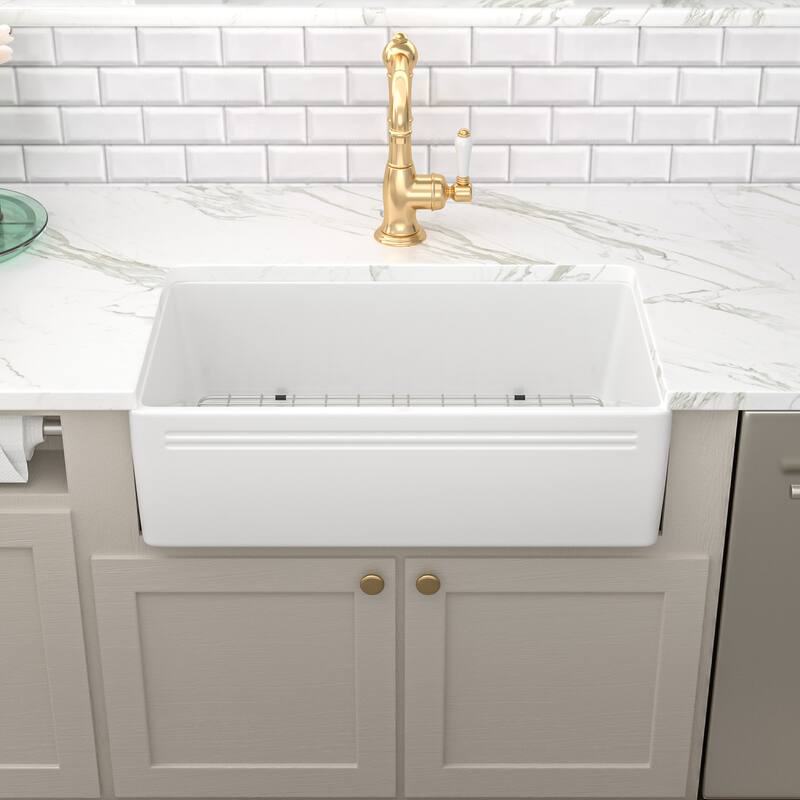 Kichae 30 Inch Ceramic Sink Undermount Farmhouse White Apron Front Kitchen Sink - 30 in.W x 18 in.D x 10 in.H