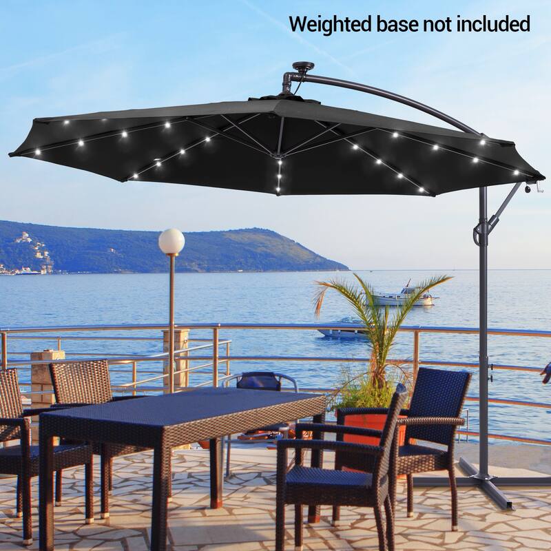 10Ft LED Patio Offset Umbrella Hanging Circle Umbrellas,w/Cross Base - Black