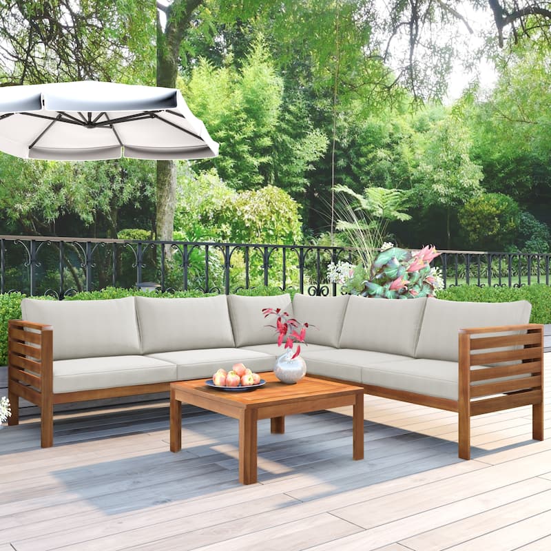 Roomfitters 3-Piece Outdoor Sectional Sofa Set with Coffee Table, Solid Wood Frame L-Shaped Patio Furniture
