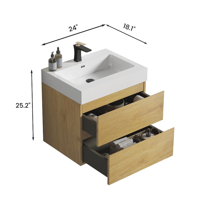 24"Bathroom Vanity with Sink,Wall Mounted Floating Bathroom Vanity,One-Piece Glossy White Sink Basin without Drain and Fauce