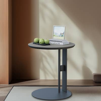 Modern Round End Table with Microfiber Saddle Leather Top and Metal Sandblasting Pedestal