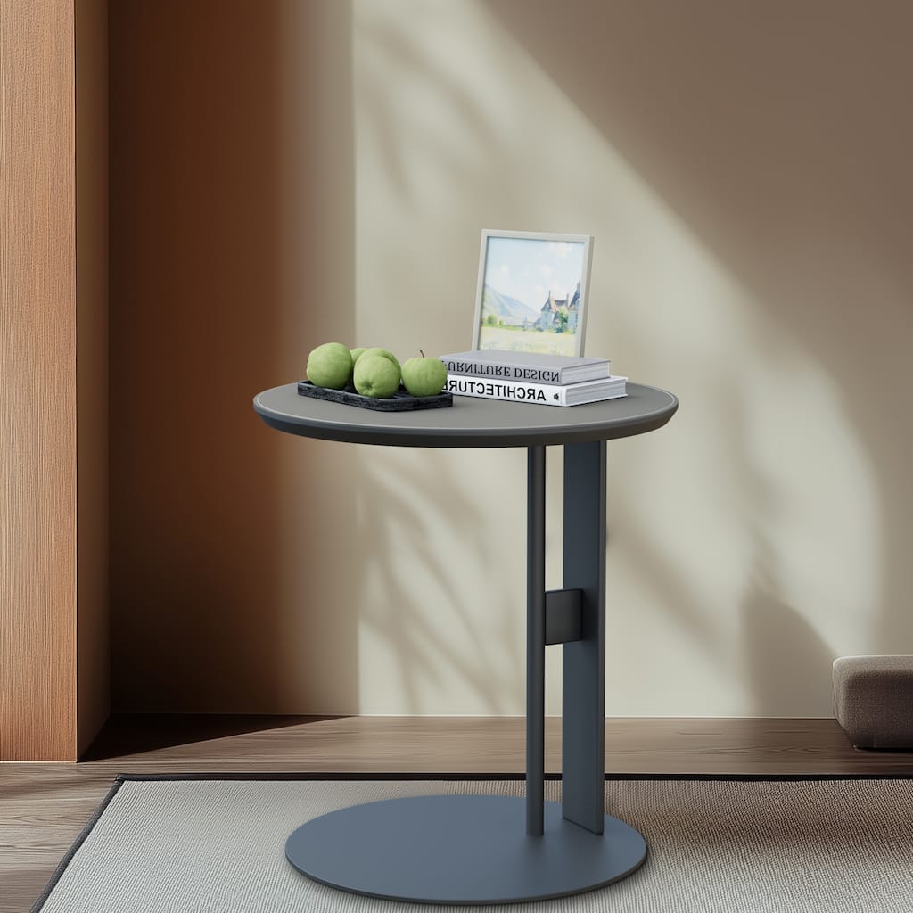 Modern Round End Table with Microfiber Saddle Leather Top and Metal Sandblasting Pedestal
