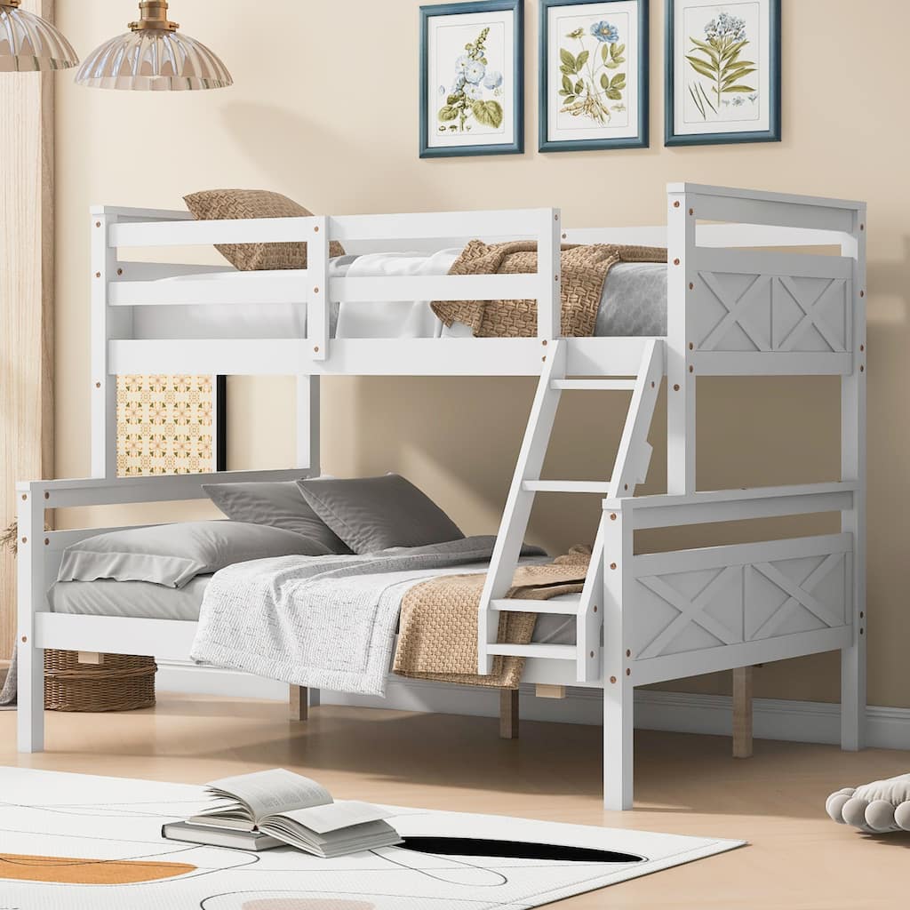 Twin over Full Bunk Bed with Ladder and Safety Guardrail, White