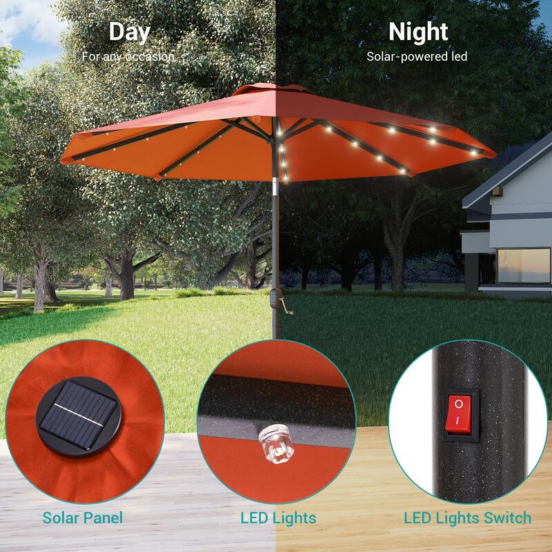 BONOSUKI Patio 10Ft LED Market Umbrellas With Solar Lights, Table Umbrella for Patio and Outdoor With Tilt Button