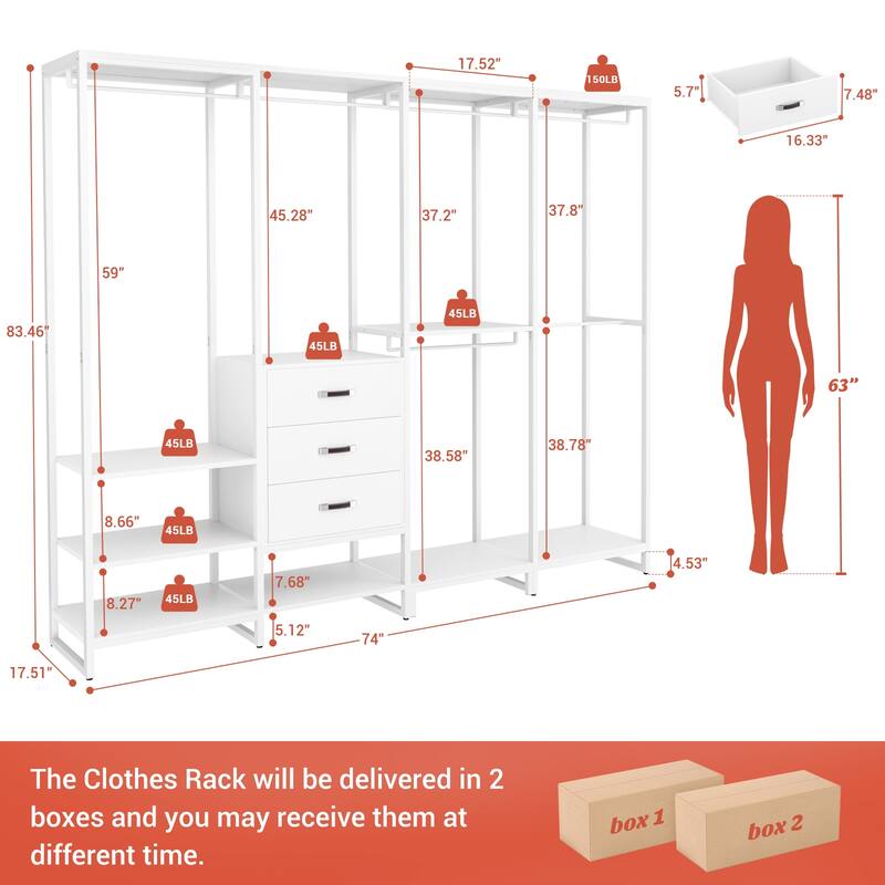 Rackcog 74-148'' W Closet System with 3 Wood Drawers and 11-Tier Storage Shelves,Multifunctional Walk-in Closet Organizer