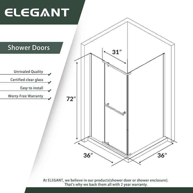 Elegant 36 in. W x 36 in. D x 72 in. H Corner Square Shower Enclosure with 3 Pivot Doors in Chrome Finish