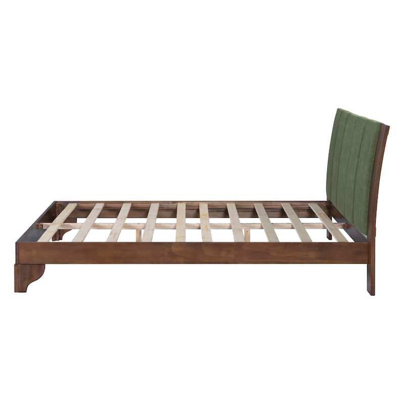 Pine Wood Bed Frame Mid Century Modern Platform Bed with Green Upholstered Headboard, Wood Slat Support Low Profile Wingback Bed
