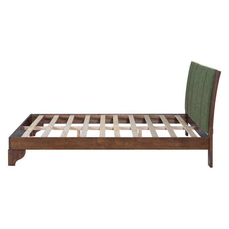 Solid Pine Wood Bed Frame, Mid Century Modern Platform Bed with Upholstered Headboard, No Box Spring Needed