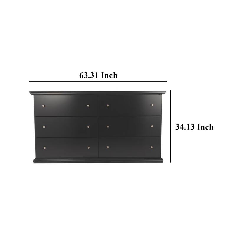 Boli 63 Inch Wide Dresser, 6 Storage Drawers, Modern Black Molded Trim