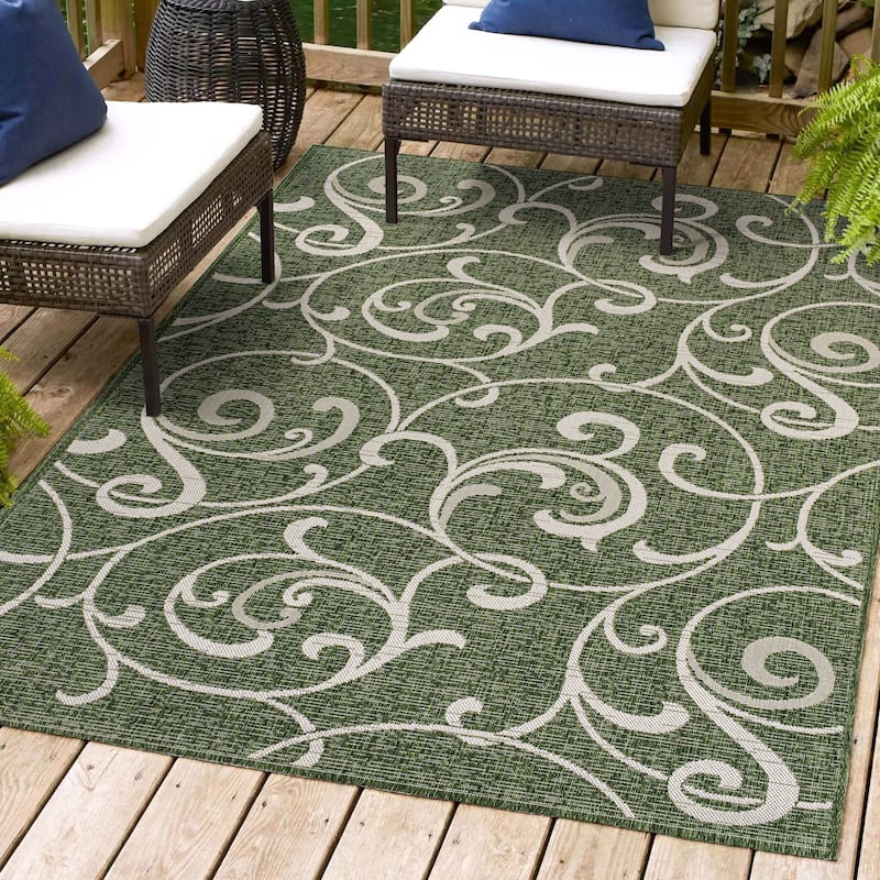 JONATHAN Y Isla Traditional Classic All-Over Scroll Green/Cream Indoor/Outdoor Area Rug