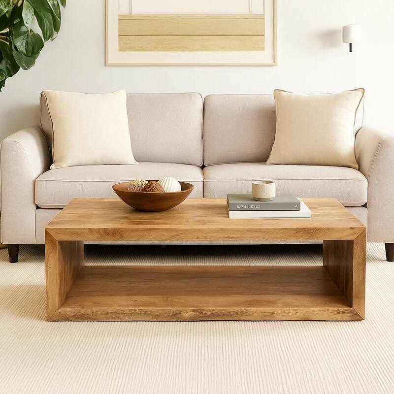 Keli 58 Inch Mango Wood Coffee Table, Open Cube, 1 Shelf, Natural Brown
