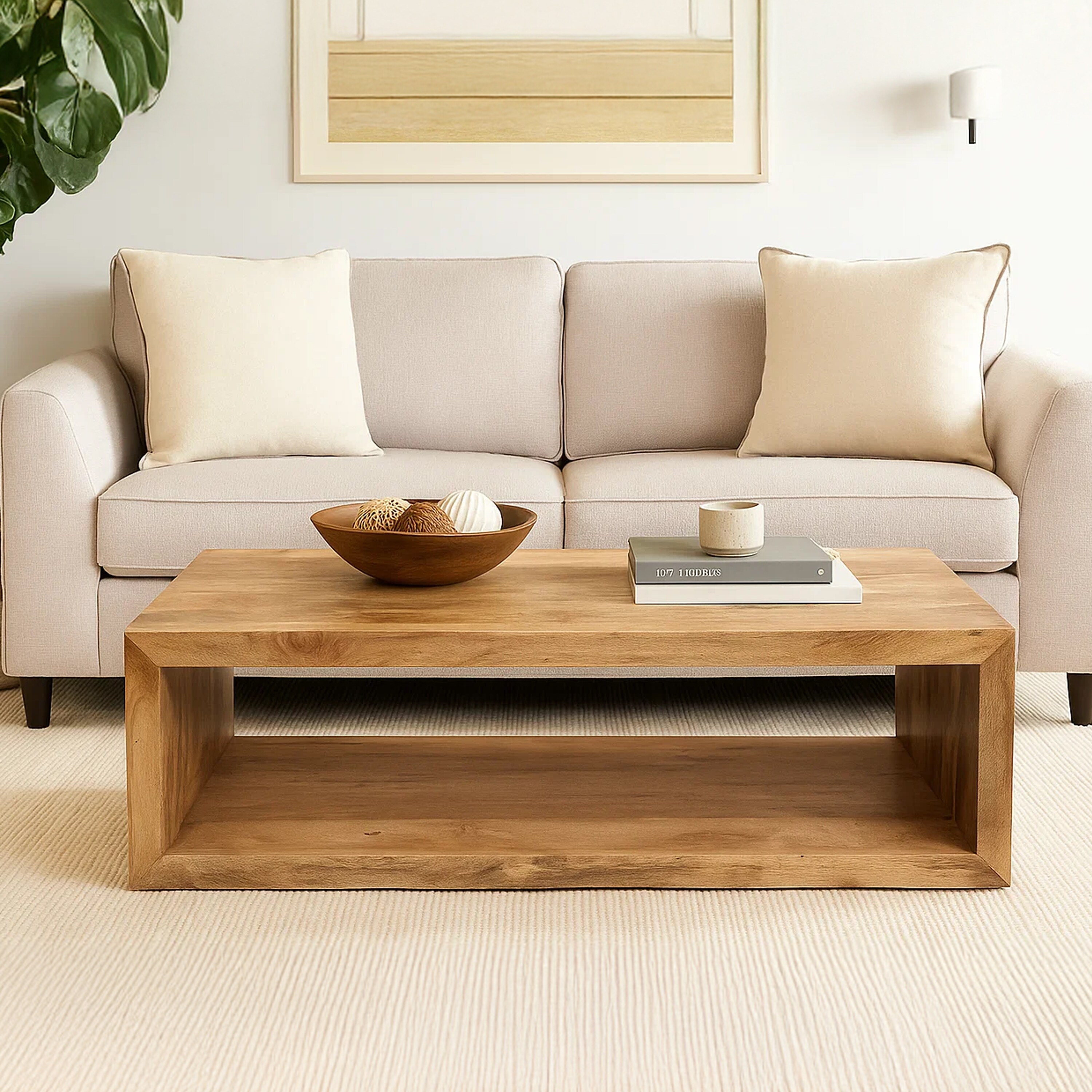 Keli 58 Inch Mango Wood Coffee Table, Open Cube, 1 Shelf, Natural