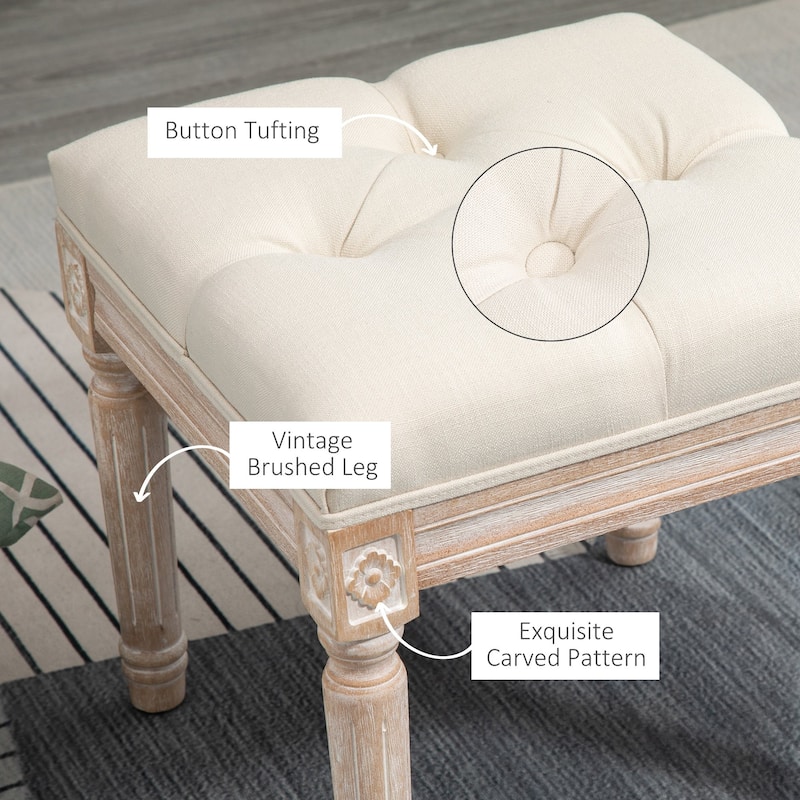 Upholstered Foot Stool with Button-Tufted Linen Cushion and Fluted Wooden Legs for Living Room