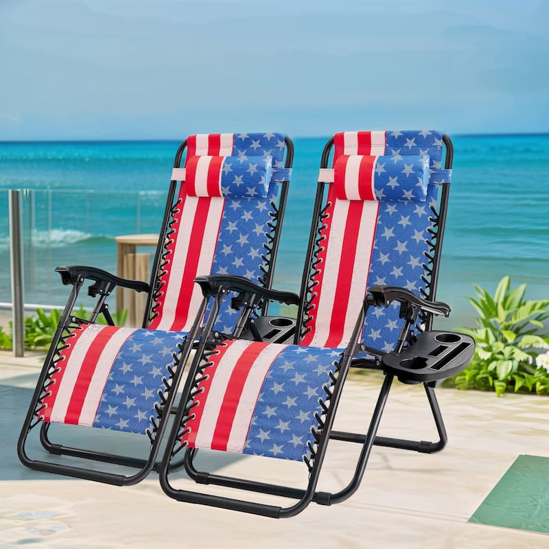 Set of 2 Zero Gravity Recliner Lounge Chairs with Cup Holders, Folding Patio Camping Beach Chairs for Outdoor Relaxation