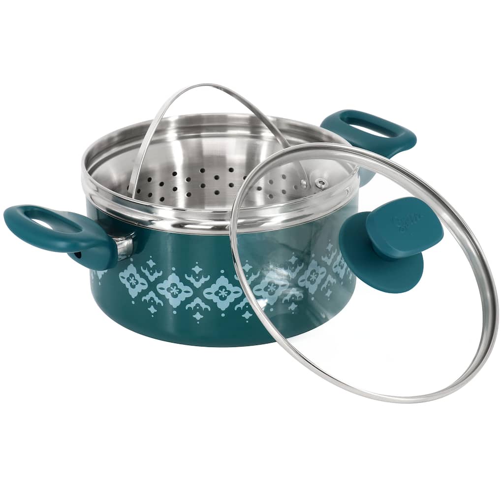 3 Quart Nonstick Aluminum Dutch Oven with Stainless Steel Steamer and Lid in Teal