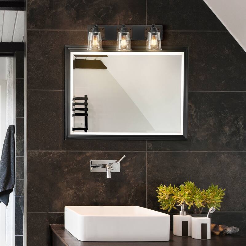 Warsaw 3-Light Matte Black Vanity Light with Dark Faux Wood Accents - one size
