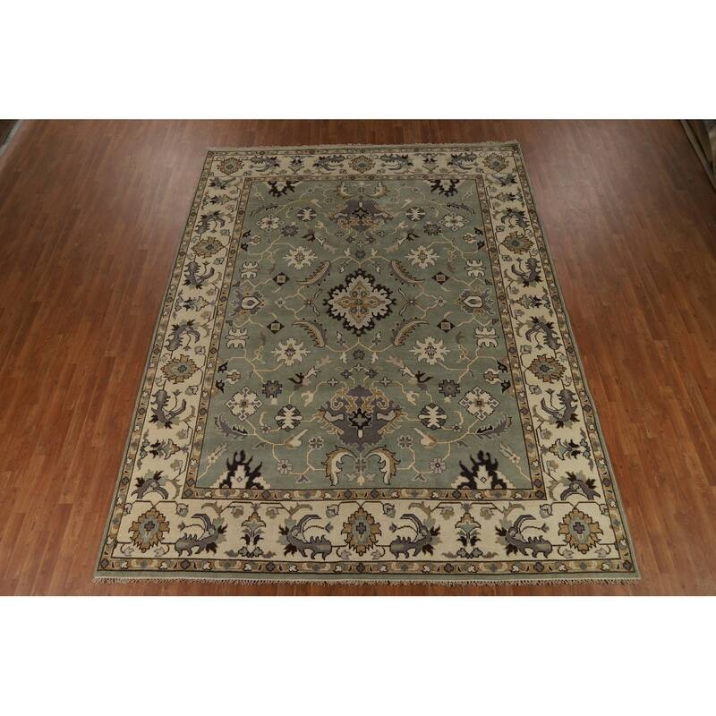 Green Floral Oushak Indian Area Rug Hand-Knotted Wool Carpet - 9'1"x 11'10"