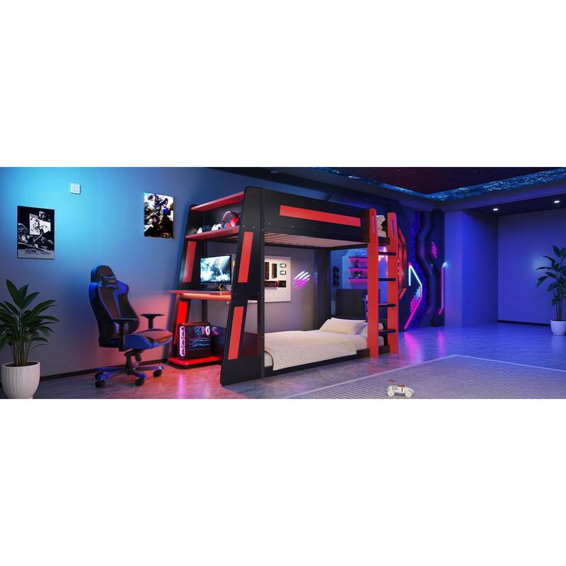 Roomfitters Twin/Full Over Twin Wooden Gaming Bunk Bed with Desk and LED Lights