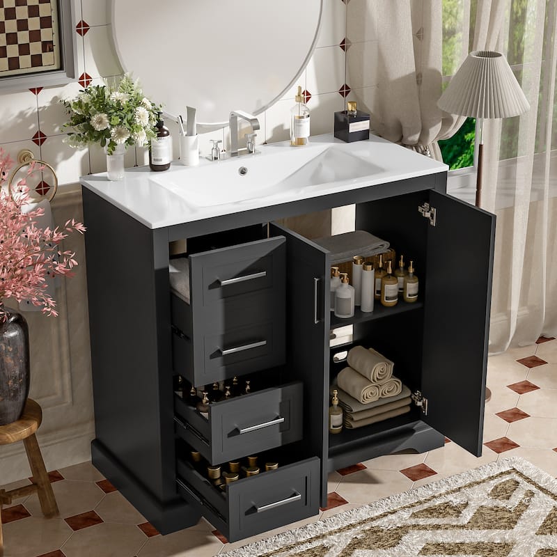 Roomfitters 36" Modern Bathroom Vanity with Ceramic Sink, Soft-Close Door, Adjustable Shelf & 3 Drawers