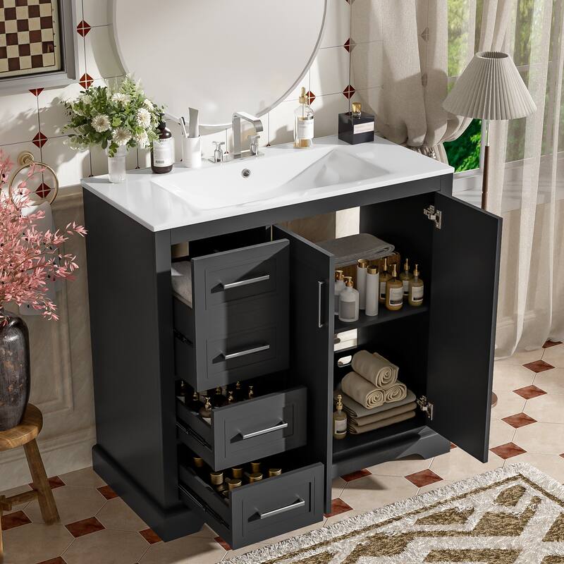 Sleek 36" Modern Bathroom Vanity with Ceramic Sink and 3 Drawers by Harper&Bright Designs - Black