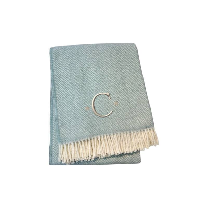 HomeRoots 55" X 70" Sky Blue And White Herringbone Cotton Blend C Initial Throw Blanket with Tassels And Embroidery