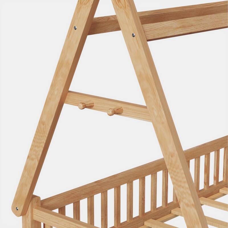 Twin Size Low House Tent Bed with Removable Roof Convertible Floor Bed with Fence, No Door for Kids Boys Girls