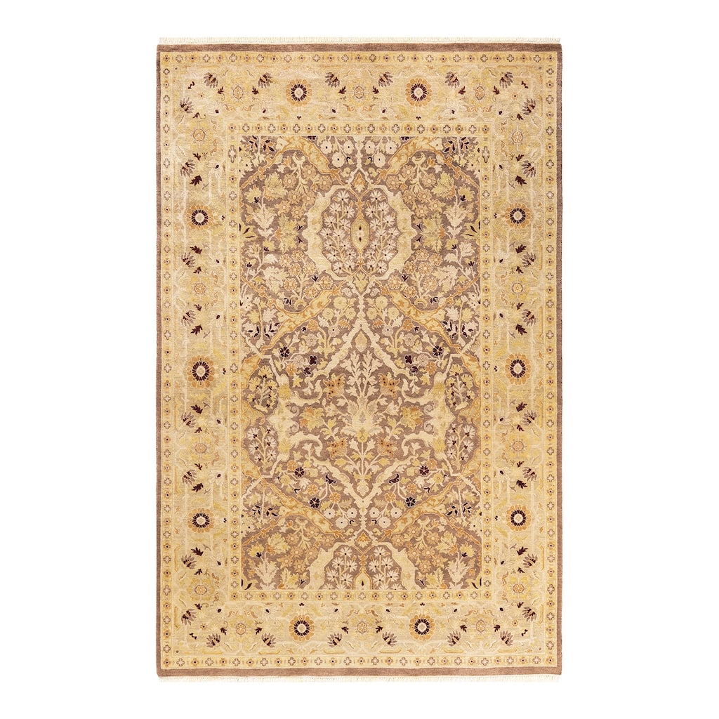Overton Handknotted Wool Contemporary Floral Brown Area Rug - 6' x 9'
