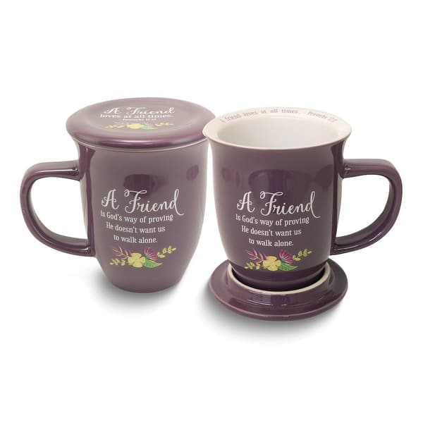 slide 1 of 1, Curata A Friend Proverbs 17:17 Purple Floral 14 Oz. Ceramic Mug and Coaster Set Boxed