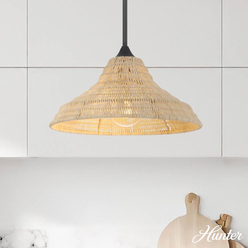 Hunter Agoura Boho Rattan Pendant - Kitchen, Bedroom, Living Room, Dining Room, Entry - Transitional, Coastal - 14" - 1 Light