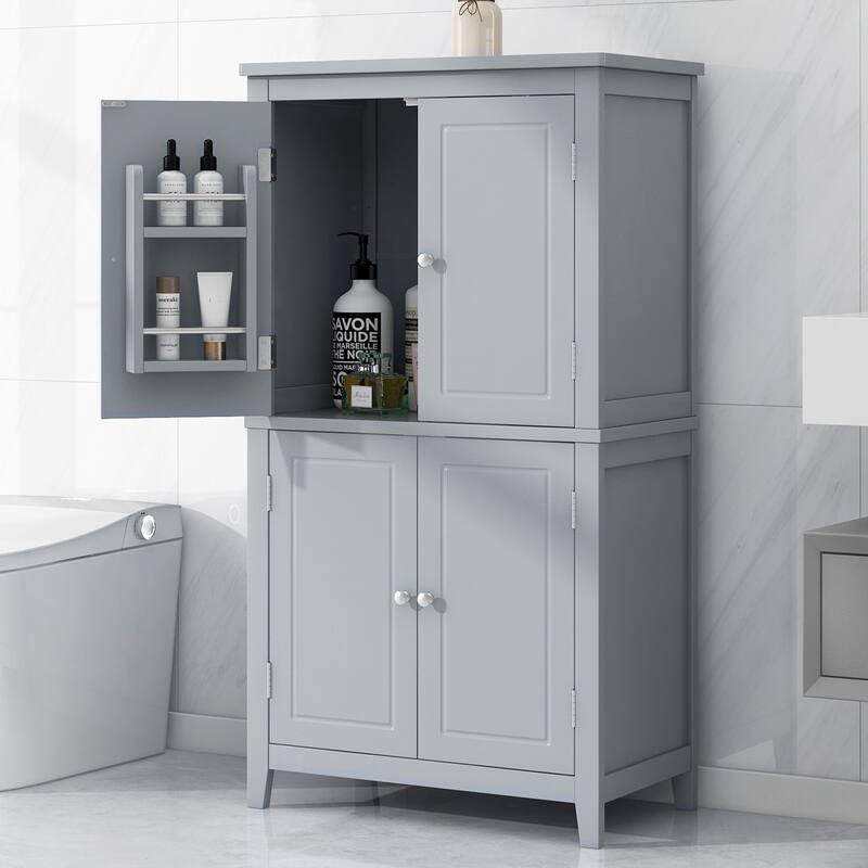 Bathroom Floor Storage Cabinet, Bathroom Storage Unit, with 4 Doors, Adjustable Shelves,Multiple Storage Space