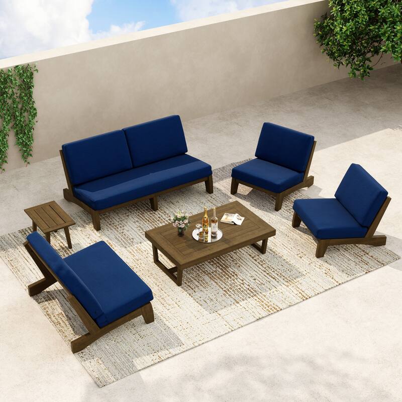 8-Piece Outdoor Sofa Set with Loveseat, 2 Club Chairs & Matching Tables - Brown Wood/Blue - Whole cushion