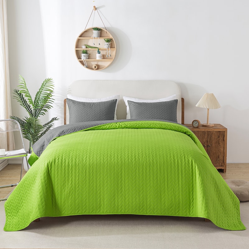 3-piece Fashionable Solid Embossed Quilt Set Bedspread Cover - Green/Grey basket weave - King