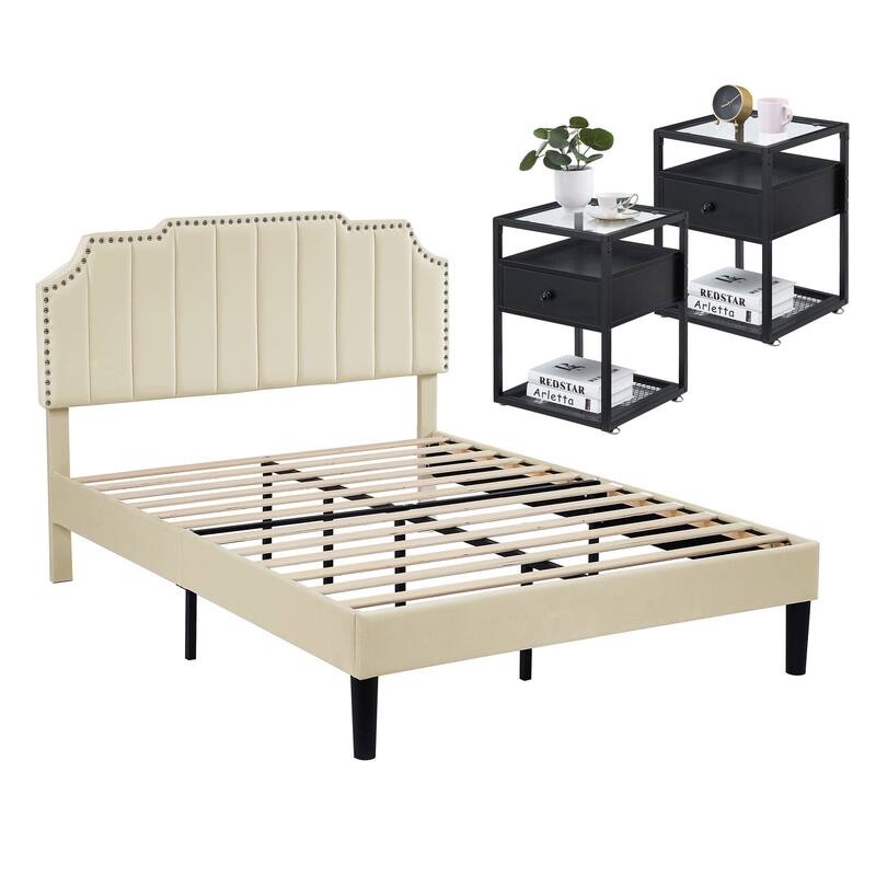 Bedroom Sets, 15 Style Options, 3-pieces Bedroom Set with Height Adjustable Upholstered Bed and Nightstands Set of 2-VECELO - Beige - Full