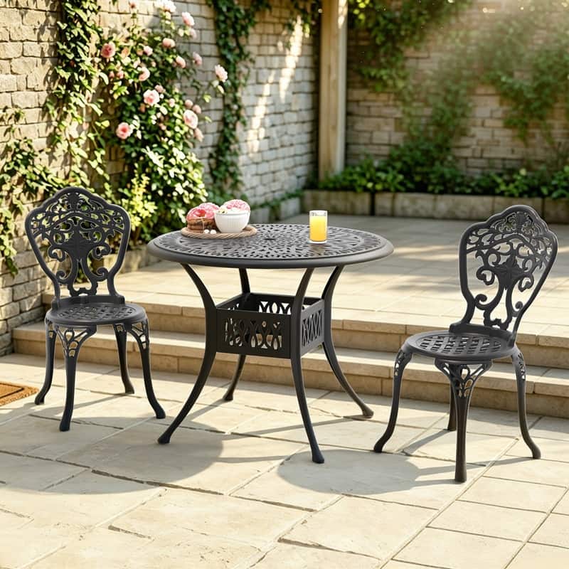 2 Black Cast Aluminum Chairs and 35.43 Inch Round Table with Umbrella Hole, 3 Piece Set