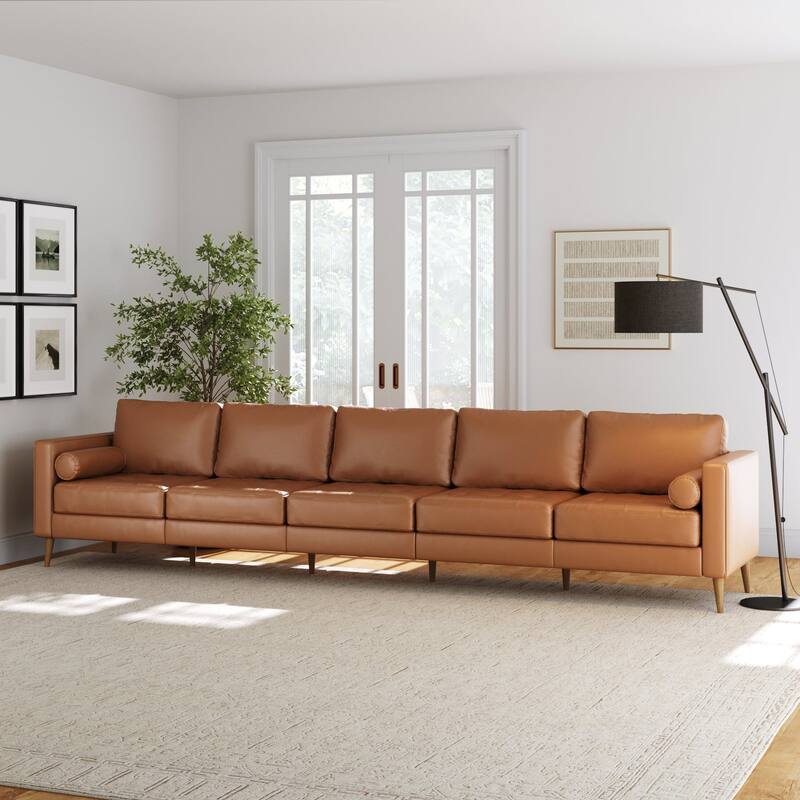 Breeze Mid Century Modern Sofa, Leather Couch with Tufted Cushion and Solid Wood Frame - 5-Seat Standard - No Chaise