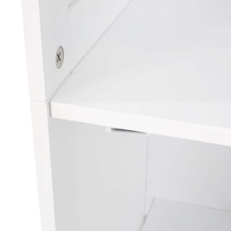 Modern Bathroom Linen Tower Cabinet with Open and Enclosed Shelves, Faux Wood, Compact Storage Organizer