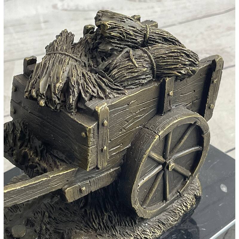 Signed Original Working Imitative Horse With Carriage Bronze Statue Sculpture Figurine Art